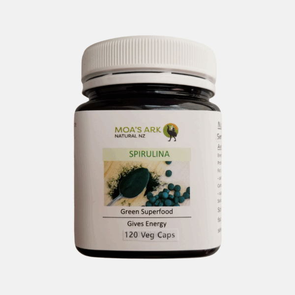 Organic spirulina capsules and tablets in bottle - plant-based protein for energy & immunity