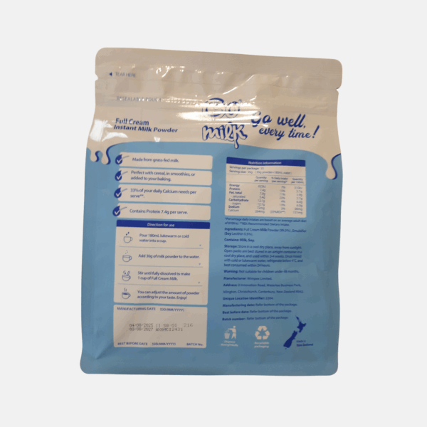 Resealable bag of full cream milk powder – creamy, versatile dairy staple