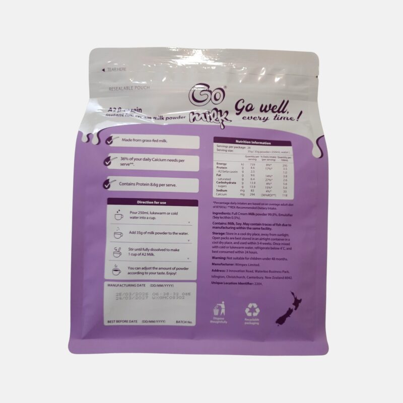 A2 Milk Powder 2 Resealable bag of A2 milk powder – creamy, digestible dairy alternative Nutrition Information