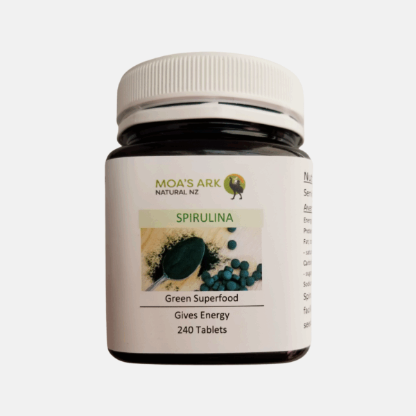 Organic spirulina capsules and tablets in bottle - plant-based protein for energy & immunity